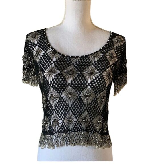 NWT Nataya vintage beaded crochet top. Short Sleeve. Black. Medium - Picture 1 of 6